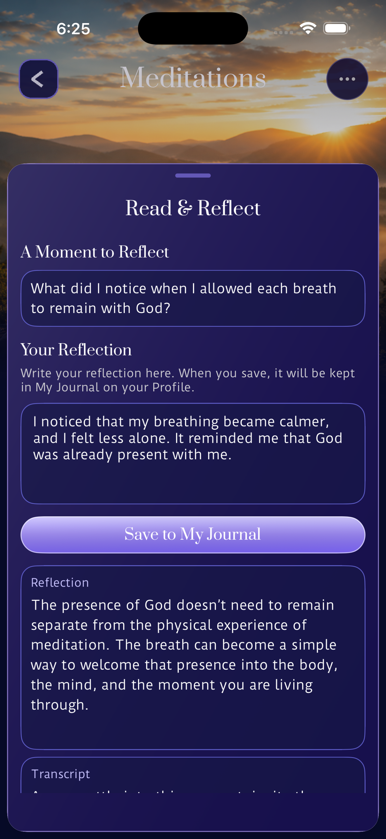 Read and Reflect sheet with typed meditation response
